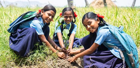 Three girls in school uniforms holding a plant in a field and smiling as they represent the importance of a livable planet Earth and the importance of working to address climate challenges. Photo © CIVIC