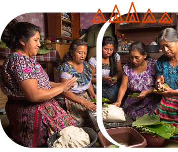 A group of Indigenous women in traditional clothing prepare food together, using banana leaves and masa dough, highlighting cultural traditions and community collaboration. Photo © CIVIC