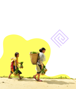 two young farmer women walking and holding crops